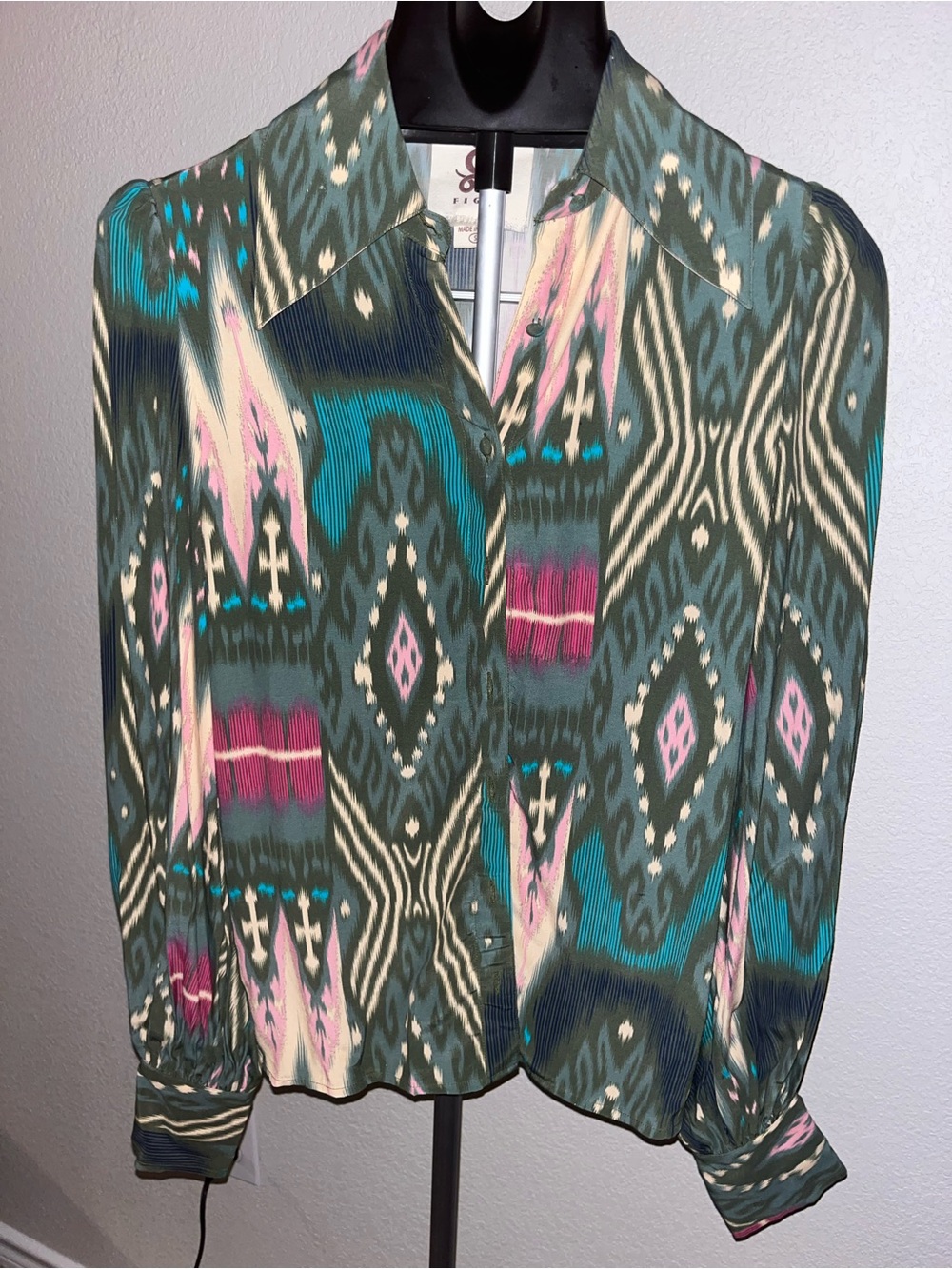 Figue Women's Printed Button-Front Blouse in Teal & Pink Accents